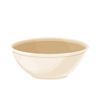 Empty bowl, dip porcelain plate, kitchenware in cartoon style isolated on white background. Food container, design element. Vector illustration