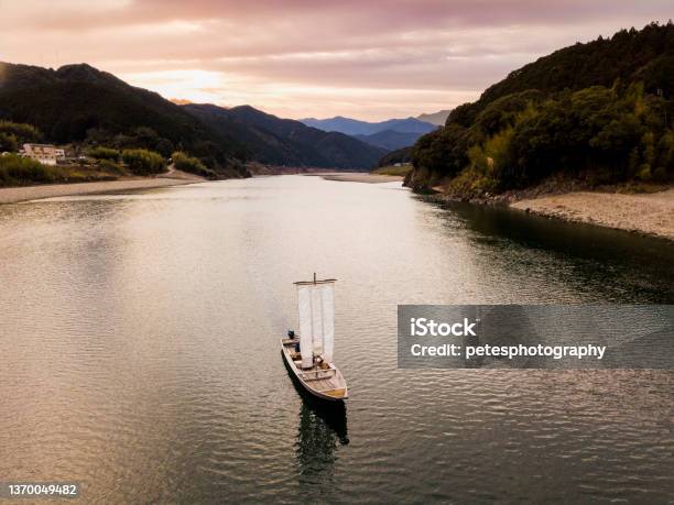 Traditional Japanese Sail Boat In The Kumano River Stock Photo - Download Image Now - Japan, Japanese Culture, Nautical Vessel