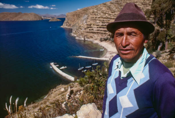 Boat pilot overlooking Lake Titicaca on Isla del Sol, Bolivia. July 1989