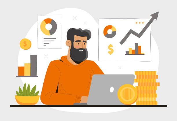 Financial analyst at home Financial analyst at home. Man sits at laptop, evaluates graphs and charts. Remote analytics financial literacy. Businessman or entrepreneur at work, profit. Cartoon flat vector illustration financial literacy stock illustrations