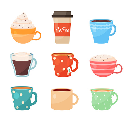 Set of cup. Collection of homemade mugs for hot drinks, tea or coffee. Important crockery, kitchen utensils. Cafe or restaurant. Cartoon flat vector illustrations isolated on white background