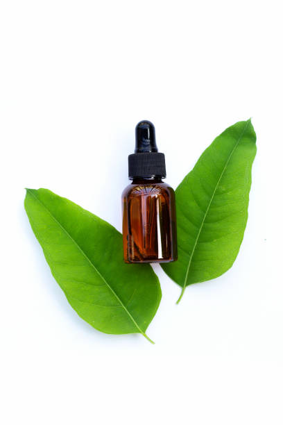 istock Eucalyptus essential oil bottle with leaves on white background. 1370055399