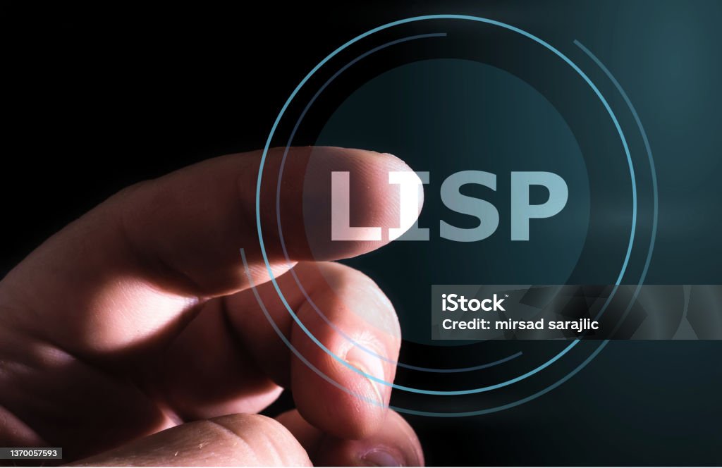 Hand pressing Lisp button on virtual screens Lisp programming language Activity Stock Photo