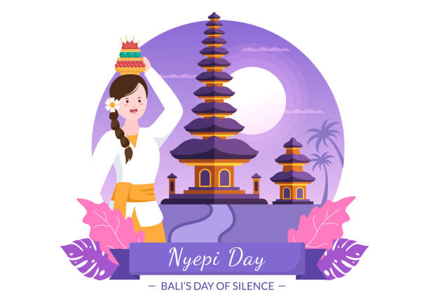 Happy Nyepi Day or Bali's Silence for Hindu Ceremonies in Bali with Galungan, Kuningan and Ngembak Geni in Background of the Temple Illustration Happy Nyepi Day or Bali's Silence for Hindu Ceremonies in Bali with Galungan, Kuningan and Ngembak Geni in Background of the Temple Illustration balinese culture stock illustrations