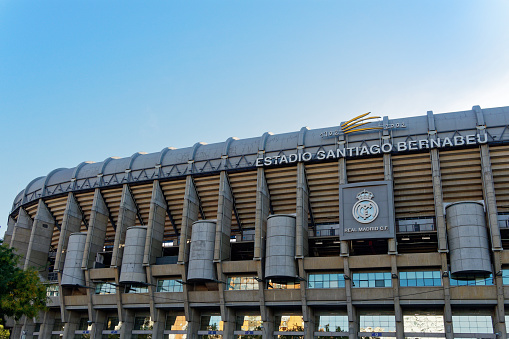 Madrid, Spain -  October 06, 2019: The West side of Santiago Bernabeu Stadium  which is the home stadium of Real Madrid Football Club of Madrid, Spain.