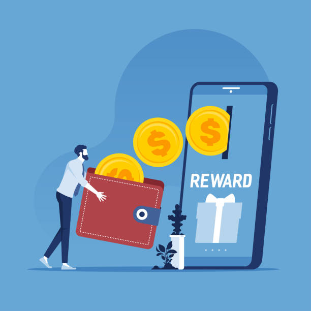 Cash back loyalty program concept Cash back loyalty program concept. Vector of customers getting rewards and gifts from online shopping incentive stock illustrations