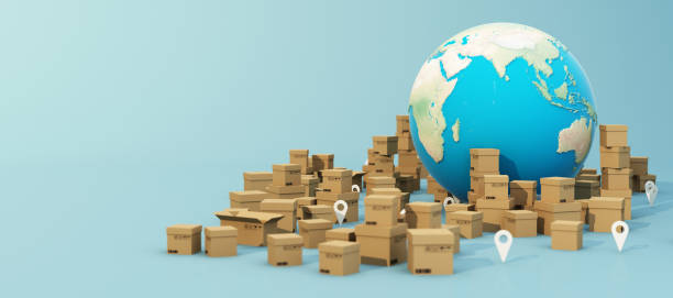istock the Earth world map surrounded by cardboard boxes, paper box with gps location on blue background 3D rendering panorama view 1370066013