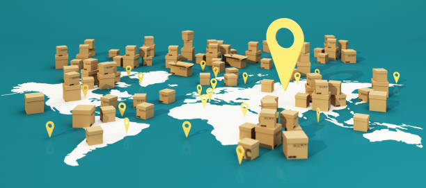 istock the Earth world map surrounded by cardboard boxes, paper box with gps location on green background 3D rendering panorama view 1370066029