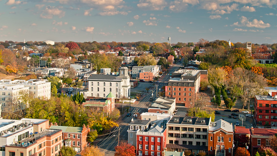 Aerial shot of Broad Street  in Richmond, Virginia on a sunny afternoon in Fall.