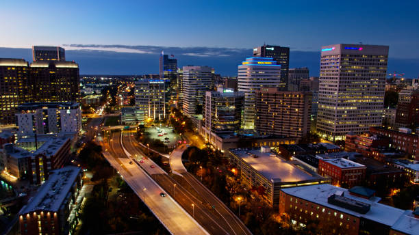 istock Downtown Expressway in Richmond, VA at Twilight - Aerial 1370067891