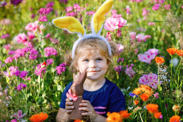 Portriat of adorable, charming toddler girl with Easter bunny ears eating chocolate bunny figure in flowers meadow. Smiling happy baby child on sunny day with colorful flowers, outdoors. stock photo