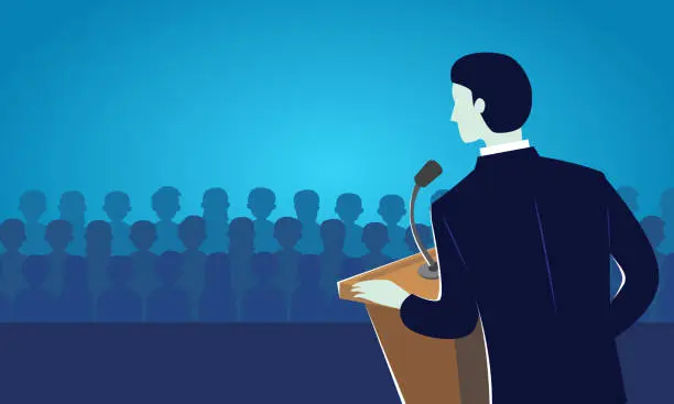 Vector illustration of Speaker person making speech on stage, politician doing public communication on podium to his people