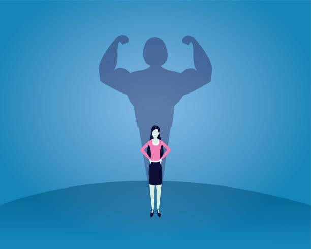 istock Strong woman concept, businesswoman with strong big muscle shadow 1370072949