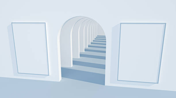 istock Background of white arches with tunnel and cast shadows. 3D rendering. 1370076570