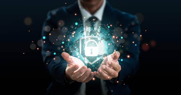 Data protection and cyber security . A businessman uses a virtual network connection to secure commercial and financial data. Innovative technological ways to guard against cyber-attacks.