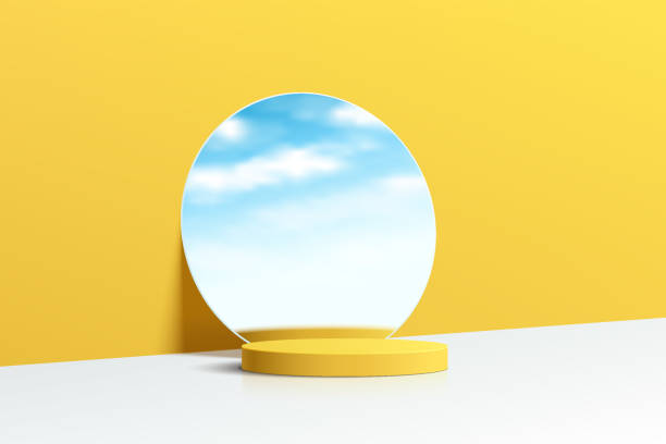 Realistic yellow and white 3D cylinder pedestal podium with cloud blue sky in mirror glass.  Minimal scene for products showcase, Stage promotion display. Vector abstract studio room platform design. Realistic yellow and white 3D cylinder pedestal podium with cloud blue sky in mirror glass.  Minimal scene for products showcase, Stage promotion display. Vector abstract studio room platform design. glass showroom stock illustrations