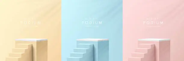 Vector illustration of Set of pink, yellow, blue and white realistic 3d cube pedestal podium with stairs and leaf shadow overlay. Abstract studio room. Pastel minimal scene for products stage showcase, Promotion display.