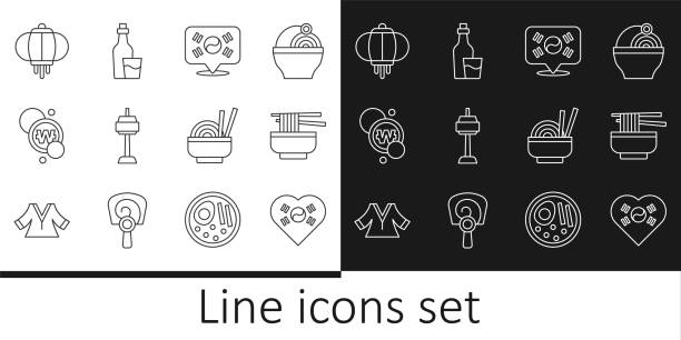 ilustrações de stock, clip art, desenhos animados e ícones de set line love korea with heart, ramen, location south, n seoul tower in, korean won coin, lantern, asian noodles bowl and soju bottle icon. vector - clothing traditional culture chinese culture black