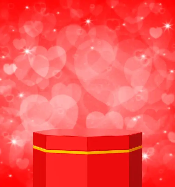 Photo of Empty red and gold hexagon podium over blur red love heart wall