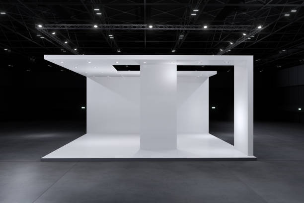 Exhibition stand for mockup and Corporate identity,Display design.Empty booth Design.Retail booth elements in Exhibition hall.booth Design trade show.Blank Booth system of Graphic Resources.3d Background for online Event,conference,live.3d render.