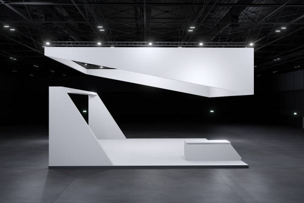 Exhibition stand for mockup and Corporate identity,Display design.Empty booth Design.Retail booth elements in Exhibition hall.booth Design trade show.Blank Booth system of Graphic Resources.3d Background for online Event,conference,live.3d render.