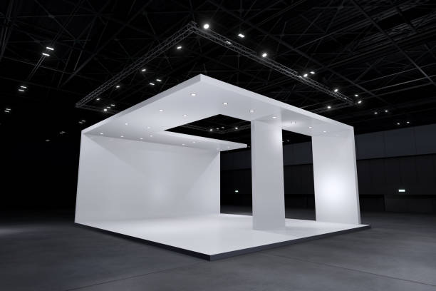 Exhibition stand for mockup and Corporate identity,Display design.Empty booth Design.Retail booth elements in Exhibition hall.booth Design trade show.Blank Booth system of Graphic Resources.3d Background for online Event,conference,live.3d render.