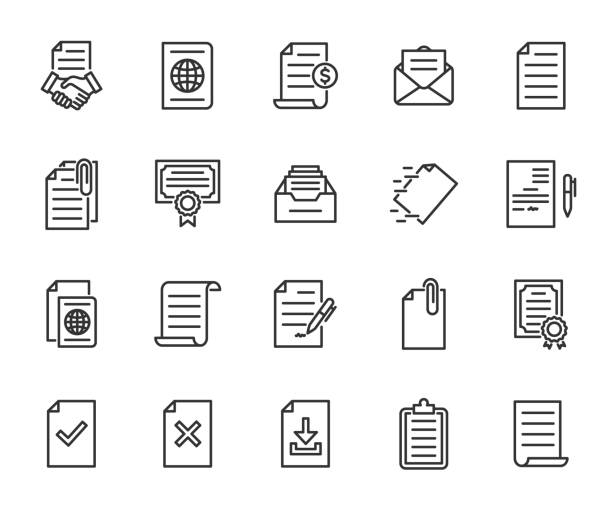 Vector set of document line icons. Contains icons contract, invoice, passport, archive, certificate, attachment and more. Pixel perfect. Vector set of document line icons. Contains icons contract, invoice, passport, archive, certificate, attachment and more. Pixel perfect. filing documents stock illustrations