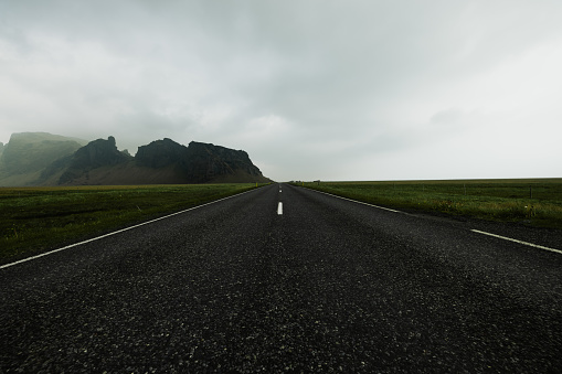 Empty Route 1 Country Road along the Mountain Range of southern Iceland. Iceland, Northern Europe.