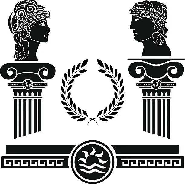 Vector illustration of greek columns and human heads