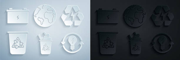 Set Recycle bin with recycle symbol, Battery, and light bulb lightning, Earth globe and Car battery icon. Vector Set Recycle bin with recycle symbol Battery and light bulb lightning Earth globe and Car battery icon. Vector. black trash bin stock illustrations
