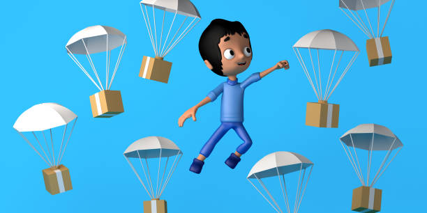istock Child flying next to parachute with delivery boxes. Copy space. 3D illustration. Cartoon. 1370091299