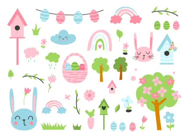 Vector illustration of Big cute childish adorable trendy easter vector collection for decorating invitations, placards on white background. Springtime elements.