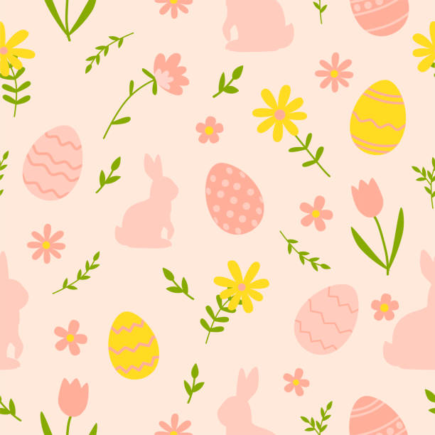 ilustrações, clipart, desenhos animados e ícones de padrão de páscoa sem emendas com coelho, ovos e flores. ilustração vetorial. - easter rabbit easter bunny cartoon