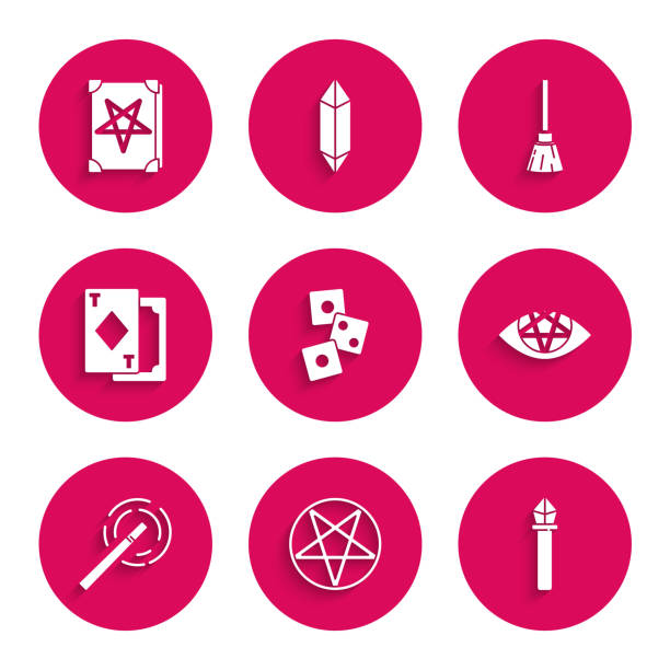 istock Set Game dice, Pentagram in circle, Magic staff, wand, Playing cards, Witches broom and Ancient magic book icon. Vector 1370093645