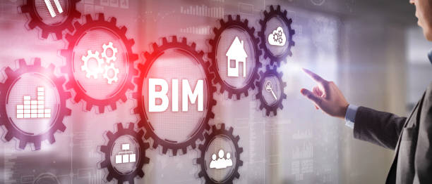 BIM Building information modeling concept on virtual 3d screen stock photo