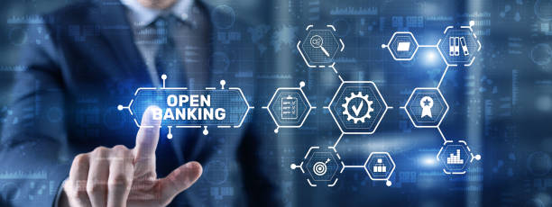 Open Banking Online Finance Concept. Man clicks on a virtual screen inscription stock photo