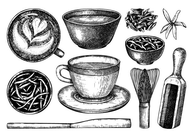 grüntee-getränke-set - tea cup tea green tea chinese tea stock-grafiken, -clipart, -cartoons und -symbole