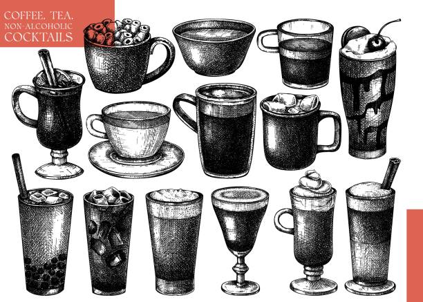 Hot drinks and tonic beverages set Vector collection of glass ware with hot drinks. Hand-sketched tea, mulled wine, coffee, hot chocolate glasses, mugs, cups. Popular beverages illustrations for brands, bar menu, packaging, web. green tea cocktail bar stock illustrations