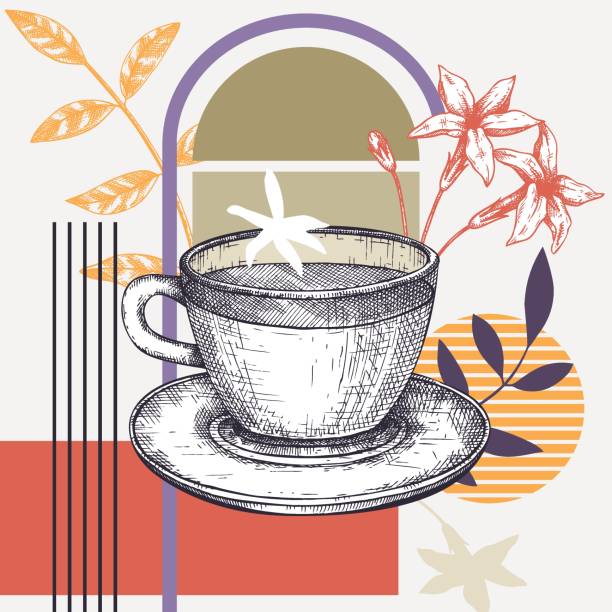 ilustrações de stock, clip art, desenhos animados e ícones de tea collage illustration - green tea tea tea cup cup