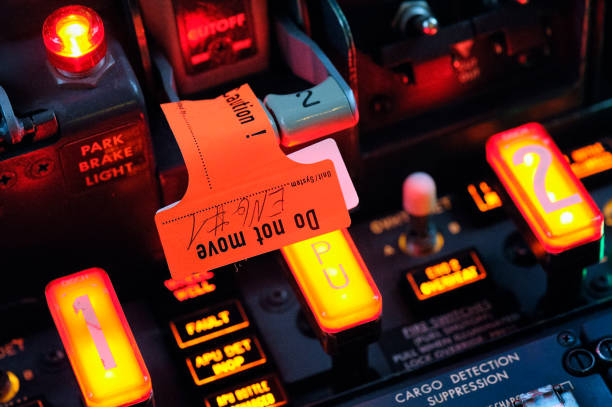 istock Maintenance Warning Sign on Boeing 737-300 Thrust Lever 1370098203