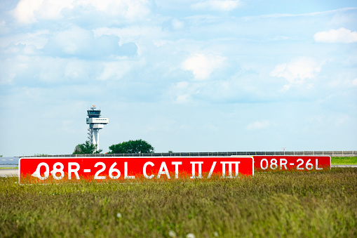 Aerial view of the modern international airport terminal. Traveling around the world. Empty airport aerial. View of runway at the airport. Airfield marking on taxiway is heading to runway 4K