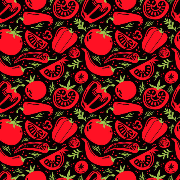 Seamless pattern doodle vegetables on dark background. Red and green pepper, hot chili, tomatoes, jalapeno, paprika, seeds, herbs. Vegetables cut half, piece. Farm products. Hand drawn illustration Seamless pattern doodle vegetables on dark background. Red and green pepper, hot chili, tomatoes, jalapeno, paprika, seeds, herbs. Vegetables cut half, piece. Farm products. Hand drawn illustration chili pepper pattern stock illustrations