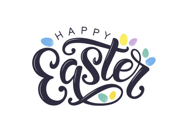Happy Easter modern brush calligraphy isolated on white. Easter logo decorated by brush drawn easter eggs. Egg hunt concept as card, postcard, poster, banner, sale or promo sign. religious icon illustrations stock illustrations