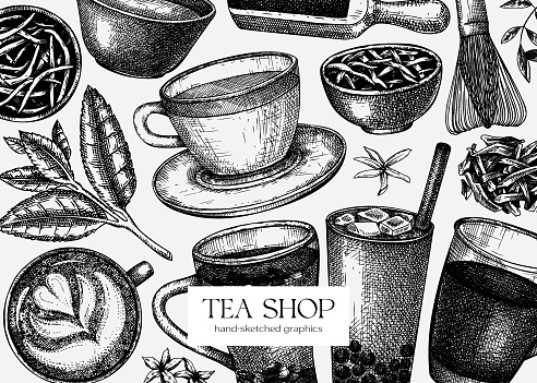 Tea shop or cafe design with hand-sketched tea drinks illustrations. Vector sketches of teacups, glasses, dried leaves, jasmine blossoms. Popular beverages background for menu or banner template