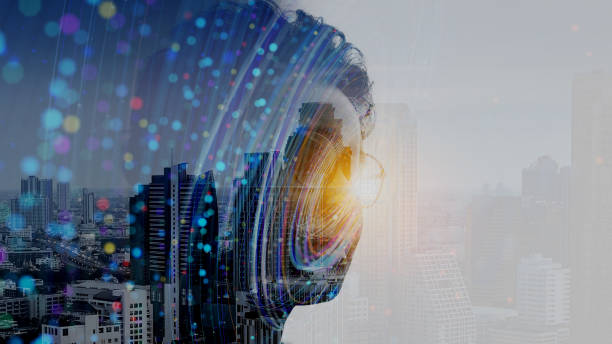 Double exposure of business woman and Big Data concept. Digital neural network.Introduction of artificial intelligence. Cyberspace of future.Science and innovation of technology.city background. stock photo