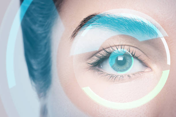 Concepts of augmented reality and biometric iris recognition or visual acuity check-up Close-up of female eye with HUD display. Concepts of augmented reality and biometric iris recognition or visual acuity check-up optometry stock pictures, royalty-free photos & images