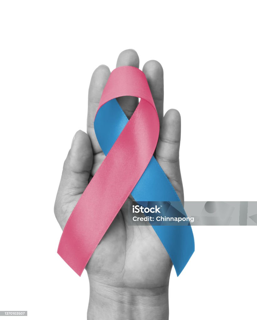 Pink Blue ribbon awareness for Birth defects month, (SIDS) Infertility, Miscarriage, Infant Loss, Amniotic Fluid Embolism, Male breast cancer, bow isolated on white background (clipping path) on hand Infertility Stock Photo