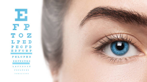 istock Closeup of female eye with blue iris and chart for visual acuity test 1370103538