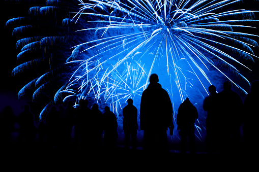 people in silhouette watch a colorful fireworks show