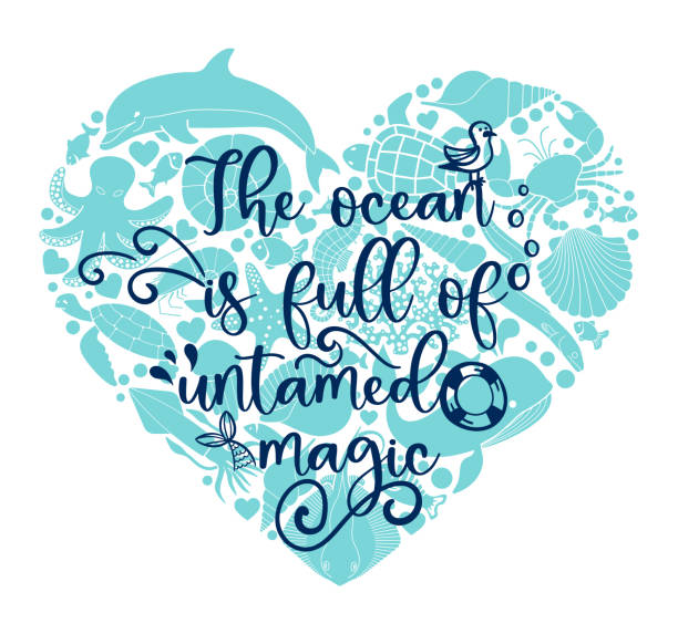 ilustrações de stock, clip art, desenhos animados e ícones de vector calligraphic template of hand drawn inscriptions. the ocean is full of untamed magic poster or greeting card. - sea ideas concepts crab